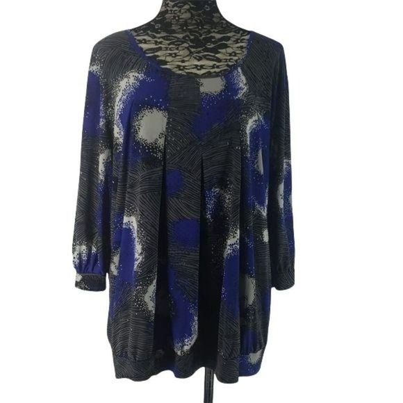 Apostrophe Women 20/22W Splatter Design keyhole blue black white abstract Blouse - Picture 1 of 8